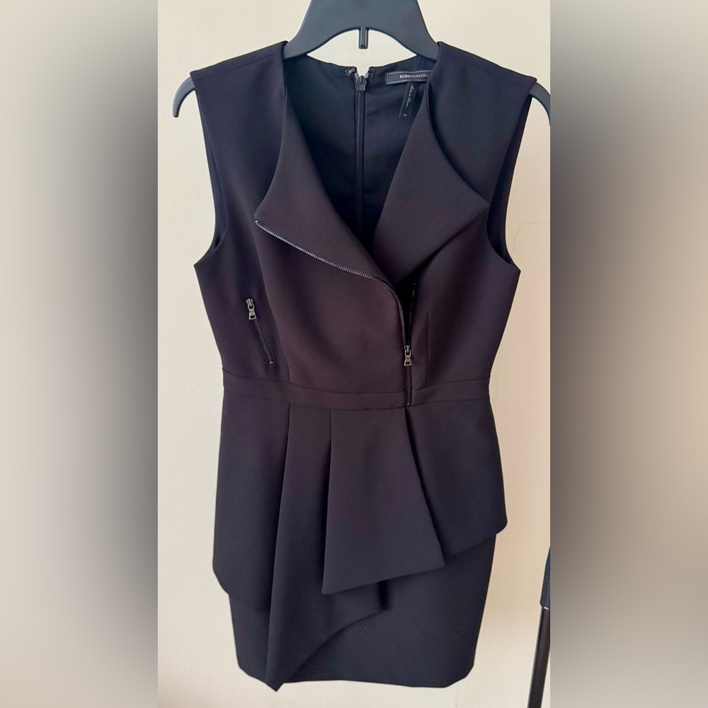 BCBGMaxAzria Black Nikki Zip Front Peplum Mini Dress Sz06 Stretchy Ponte